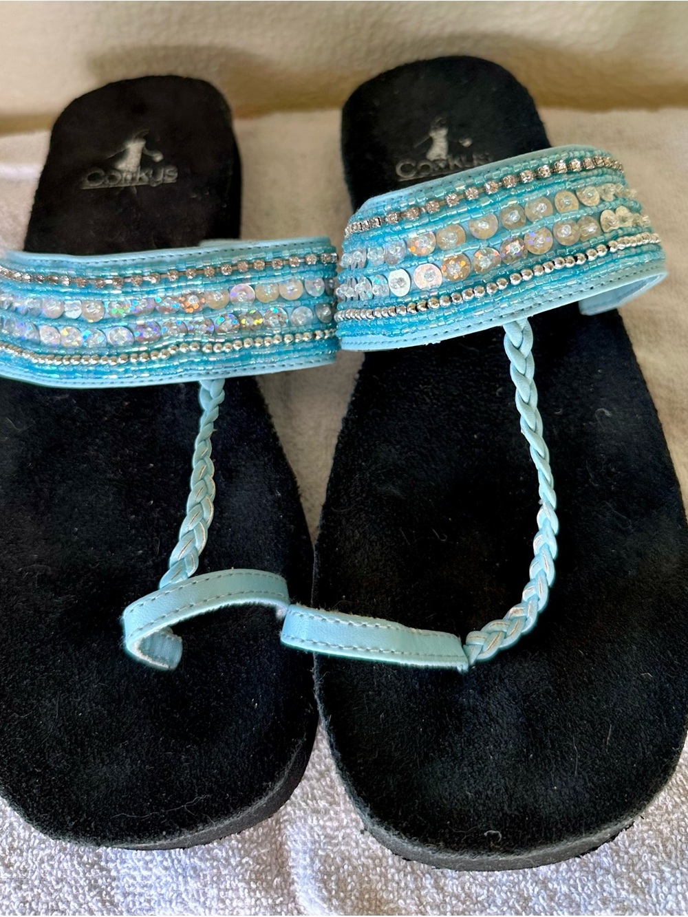 Corkys Turquoise Beaded Braided Toe-Post Sandals